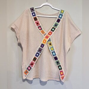 Boho Waffle Knit Top , Colorful Accents, Granny square criss cross
